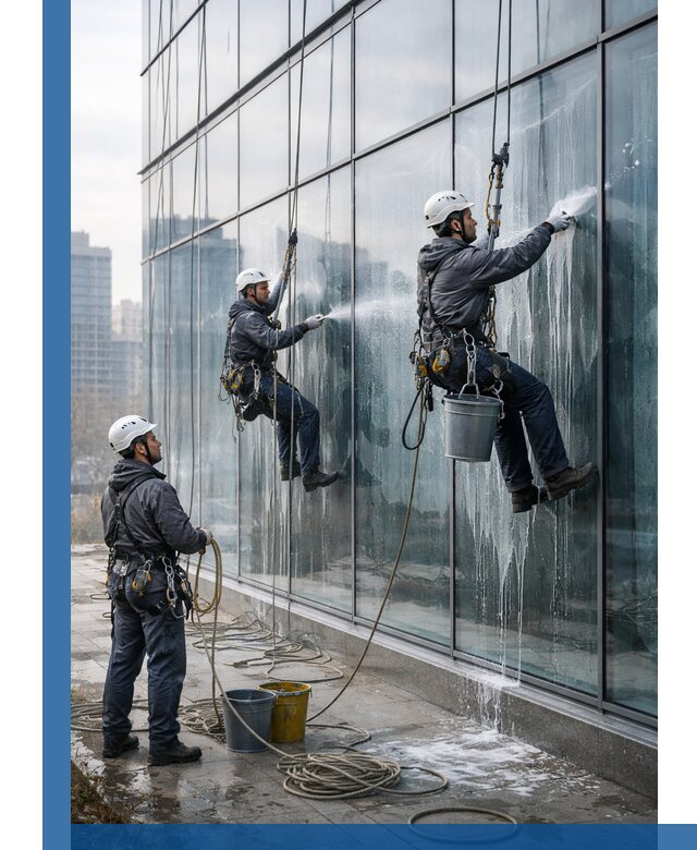 Промышленная мойка панорамных окон на высоте в Владимире