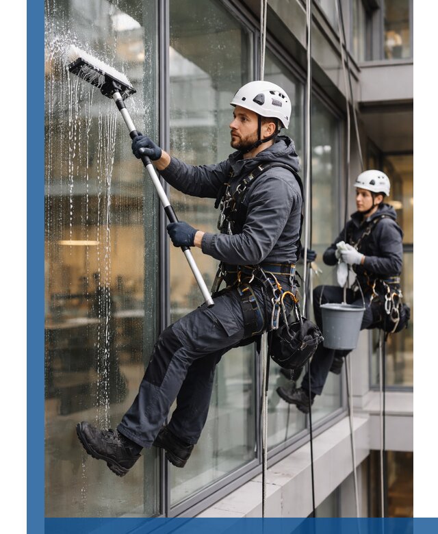 Профессиональная мойка витражей промышленными альпинистами в Владимире