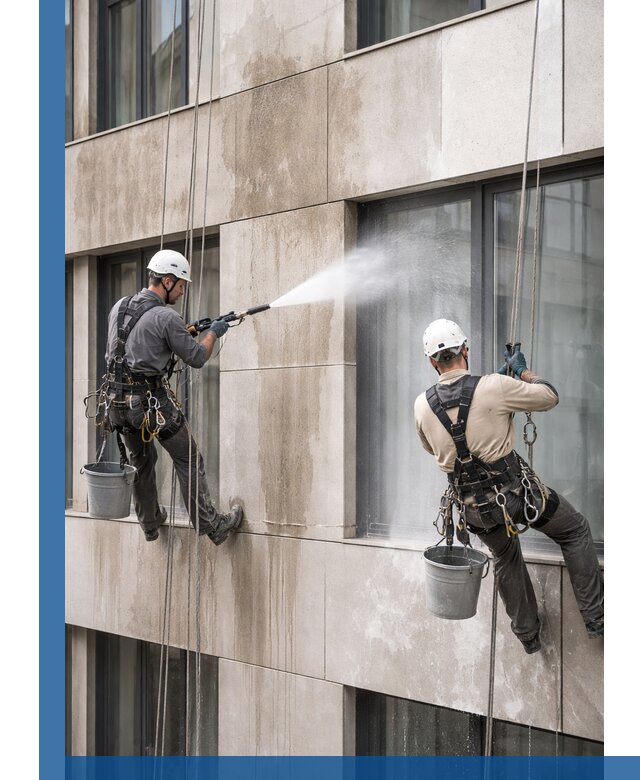 Послестроительная мойка фасада промышленным альпинизмом в Владимире