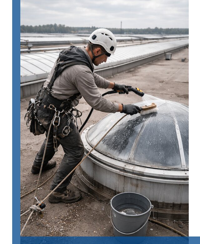 Мойка зенитных фонарей на кровле для промышленных объектов в Владимире