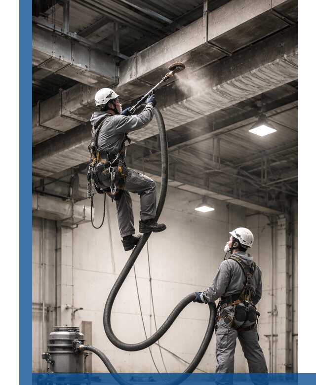 Обеспыливание потолочных конструкций в Владимире промышленным альпинизмом