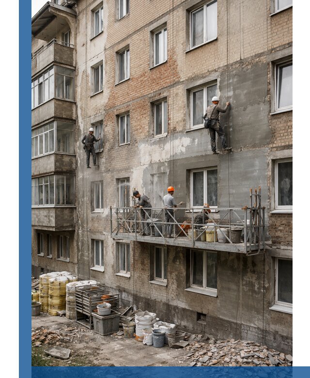 Капитальный ремонт фасада в Владимире с восстановлением и гидроизоляцией