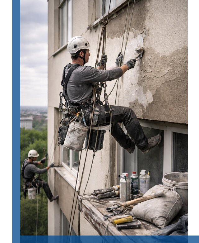 Косметический ремонт фасада зданий в Владимире промышленными альпинистами