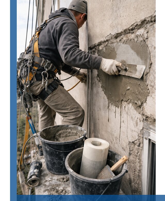 Ремонт бетонных элементов фасада промышленными альпинистами в Владимире