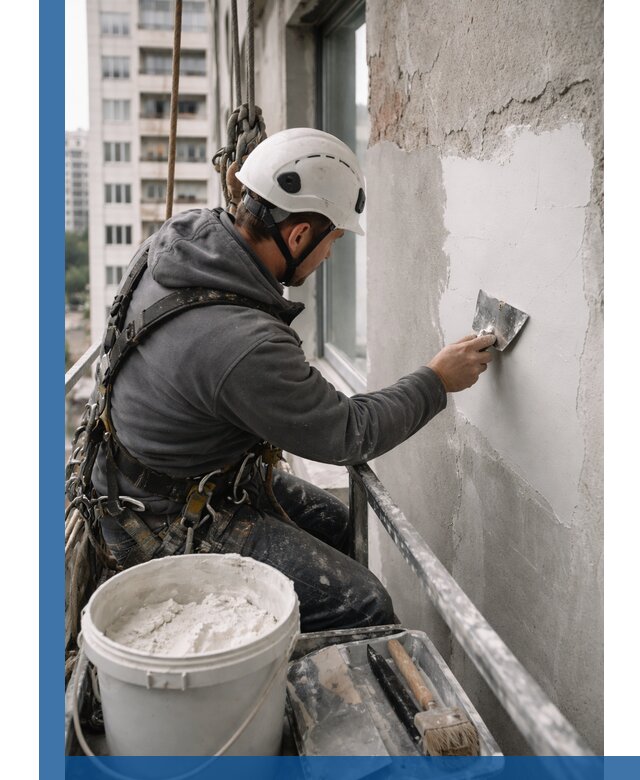 Шпаклевка фасадов на высоте с промальпинистами в Владимире