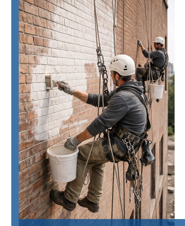 Покраска кирпичного фасада с доступным альпинистским сервисом в Владимире