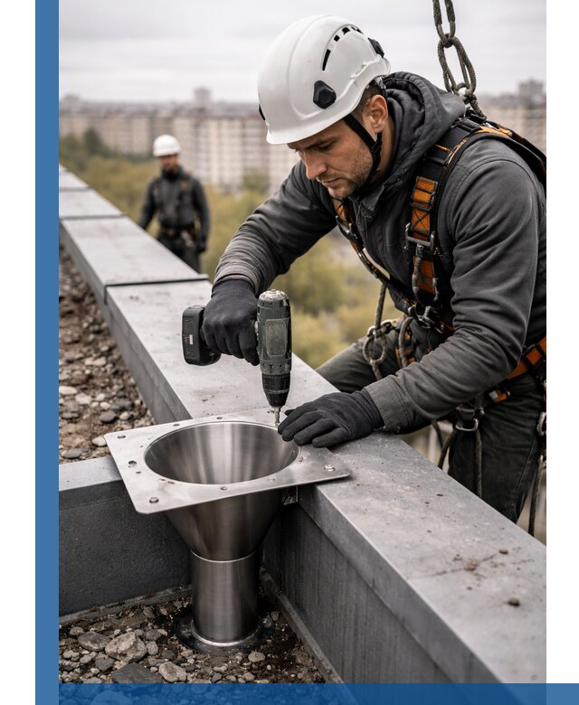 Монтаж водосточных воронок в Владимире для промышленных зданий