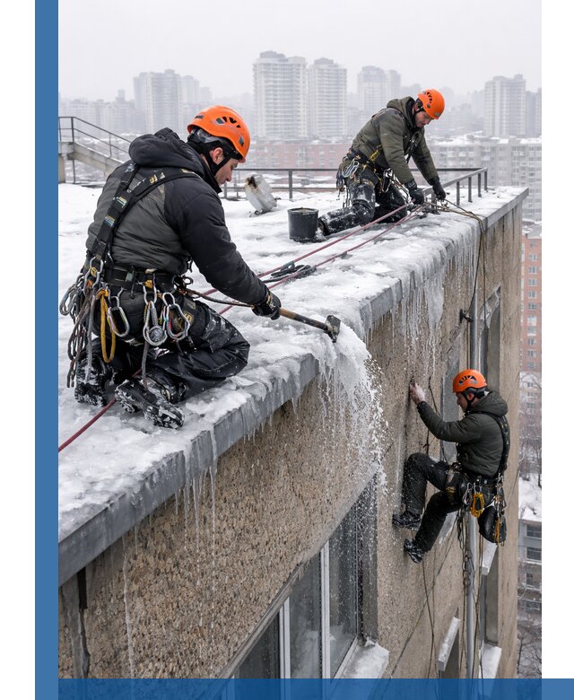 Удаление наледи с кровли в Владимире промышленными альпинистами