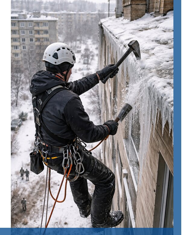 Сбивание сосулек с крыши в Владимире по цене от 4669 р. | ВЫСОТНИК-Вдм