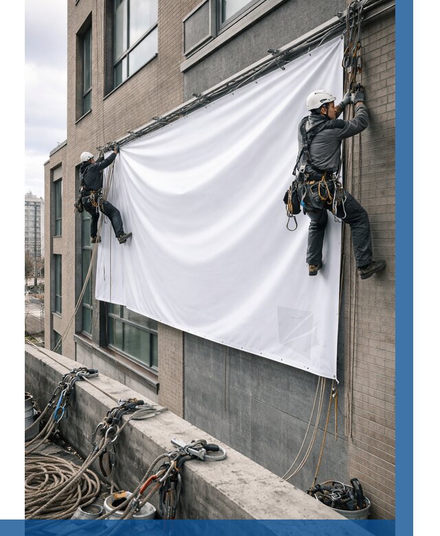 Монтаж баннеров на фасаде в Владимире от 674 р. заказать ВЫСОТНИК-Вдм