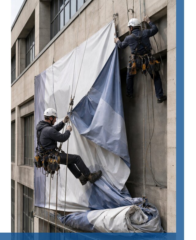 Демонтаж баннеров с фасада в Владимире от 4669 р. | ВЫСОТНИК-Вдм