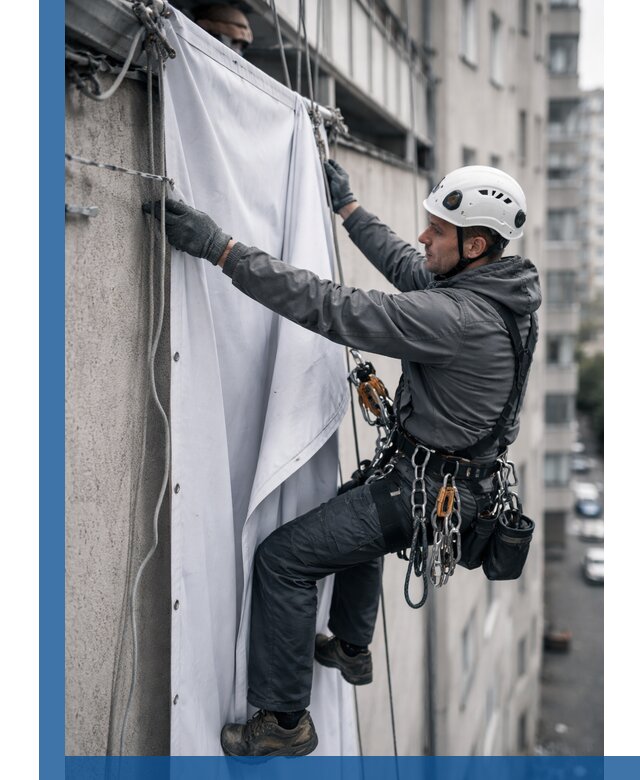 Замена баннерного полотна промышленными альпинистами в Владимире