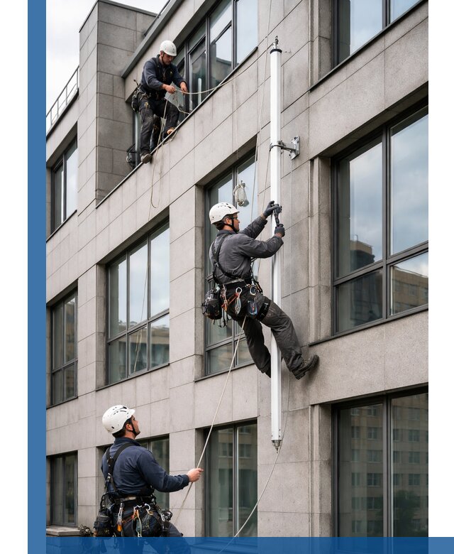 Монтаж флагштока на фасаде здания с креплением и герметикой в Владимире