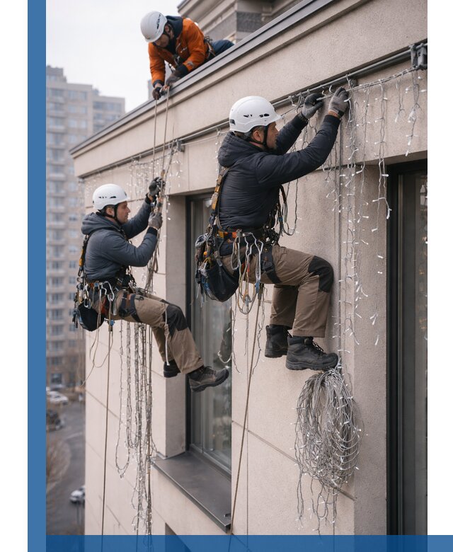 Монтаж праздничных гирлянд на фасаде в Владимире для зданий