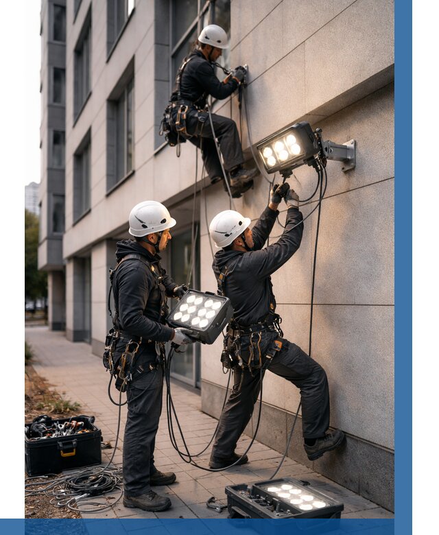 Монтаж прожекторов на фасаде в Владимире от 7781 р. | ВЫСОТНИК-Вдм