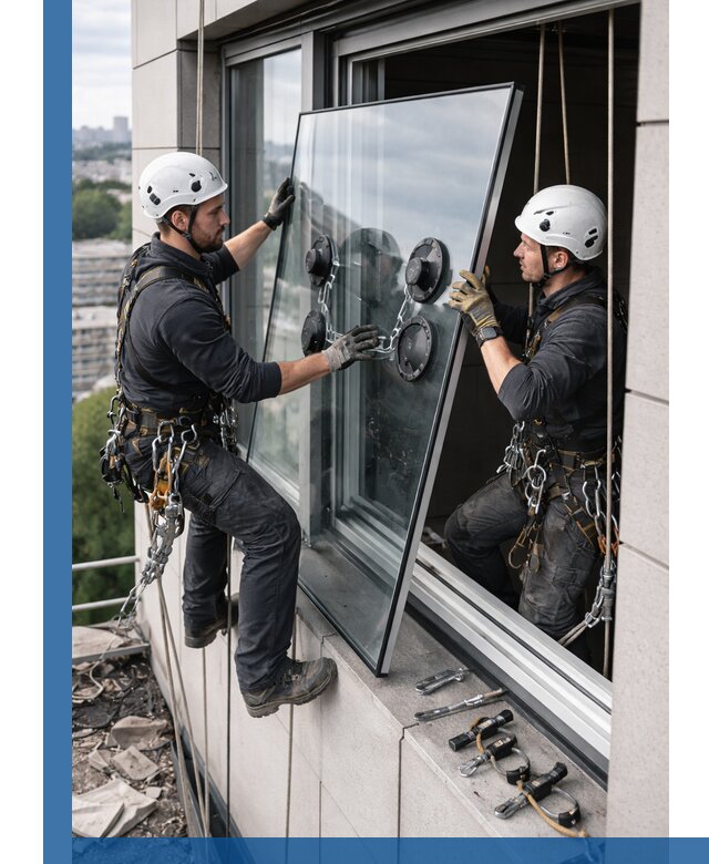 Замена стеклопакетов на высоте с промышленными альпинистами в Владимире