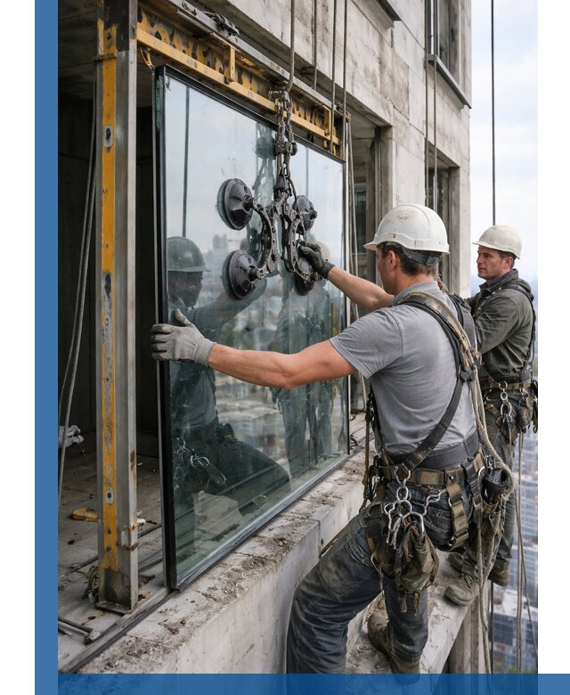 Монтаж стеклопакетов на высоте в Владимире с промышленным альпинизмом