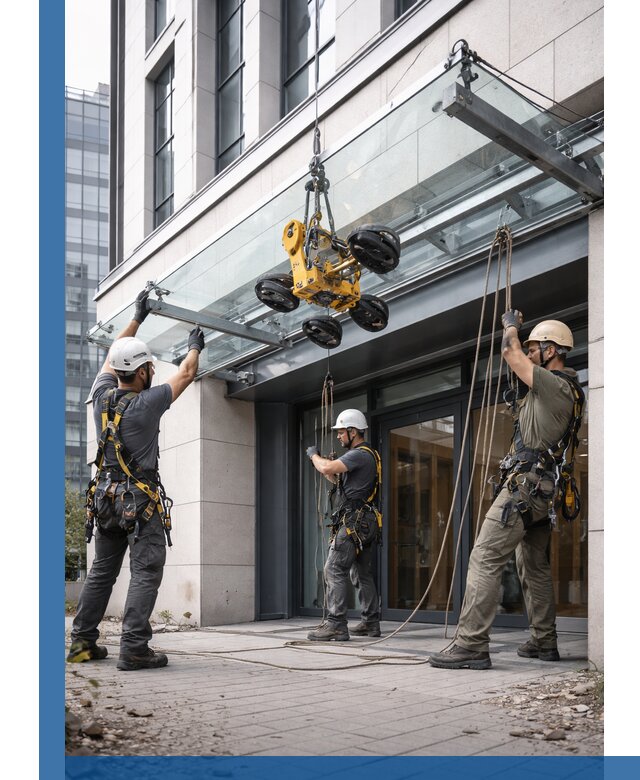 Монтаж стеклянных козырьков под ключ в Владимире для зданий