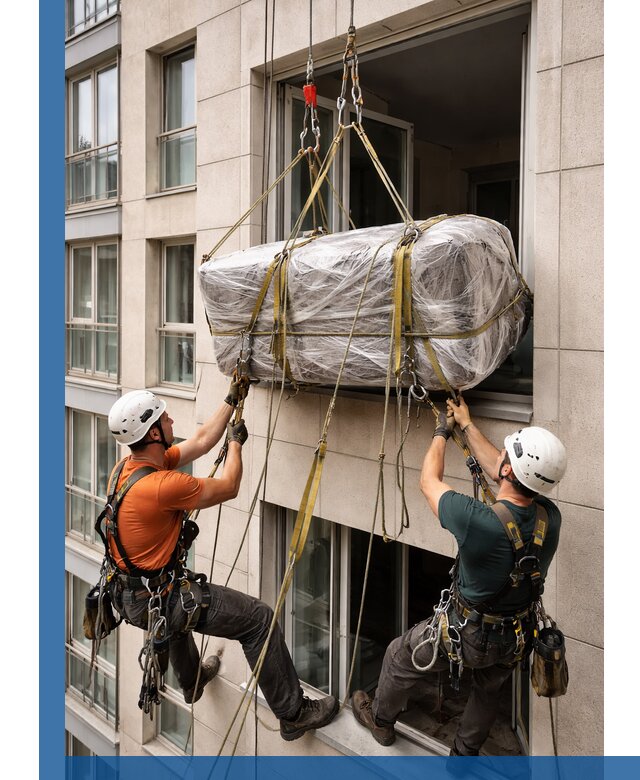 Подъем грузов через окно в Владимире промышленными альпинистами