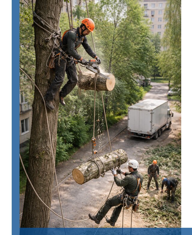 Спил деревьев альпинистами в Владимире, безопасно и без повреждений