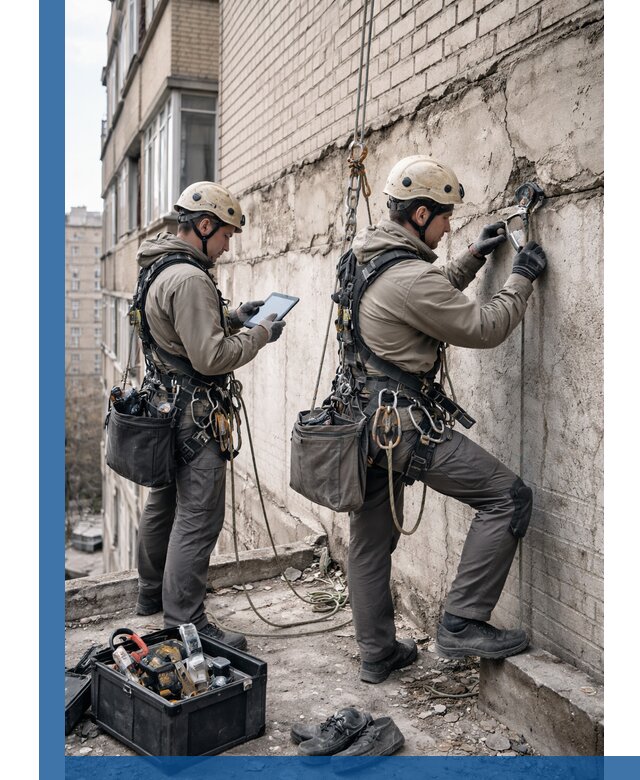 Обследование фасада промышленными альпинистами в Владимире